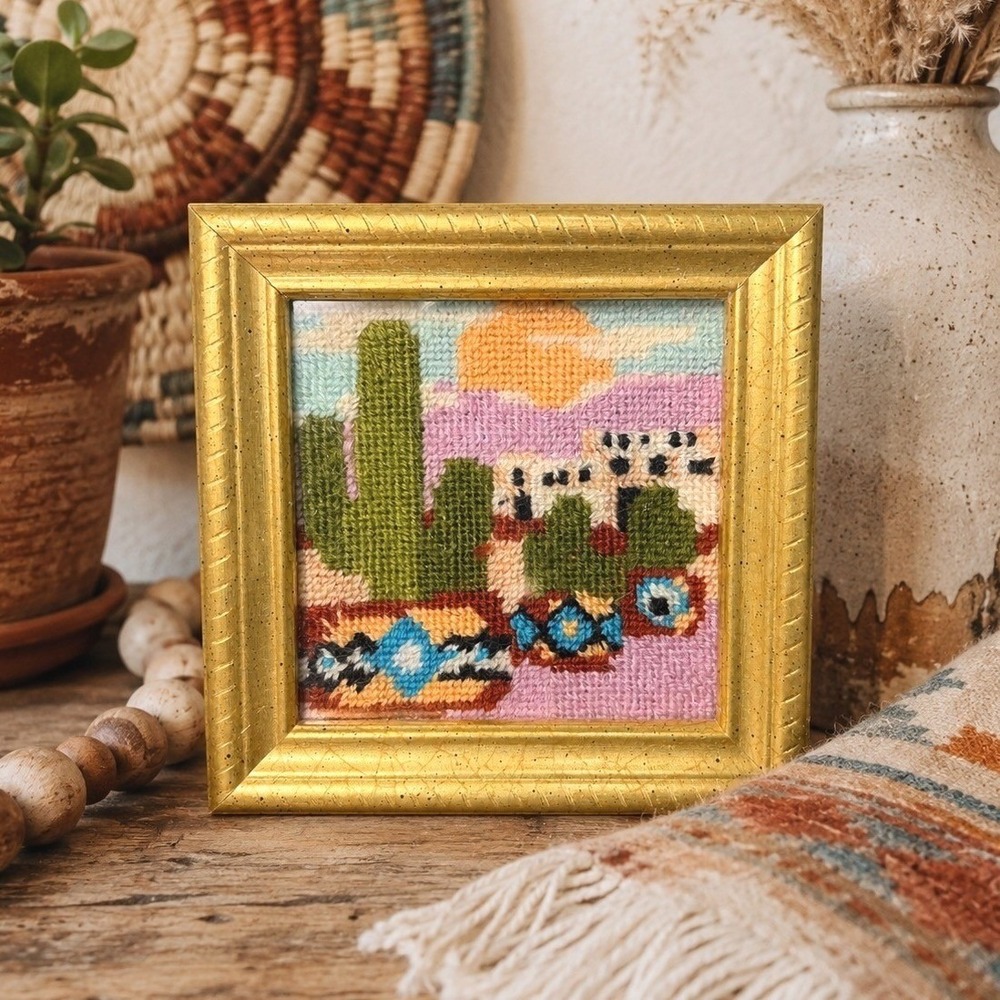 Vintage Southwest Desert Needlepoint Framed Art Cactus Adobe Sunset Gold 6.5x6.5